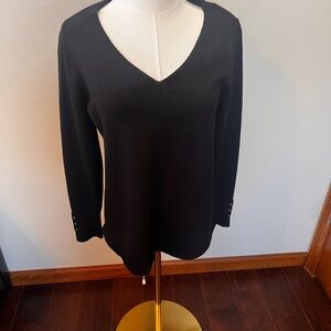 Chicos Women’s Top Black V Neck Size 1 Med Silver Faux Buttons On Sleeve Edge